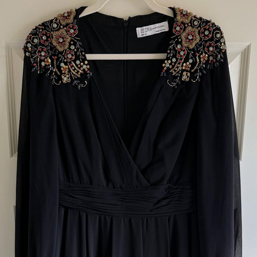 Black Embellished Shoulder Blouson Sleeve Evening Gown - Picture 2 of 6